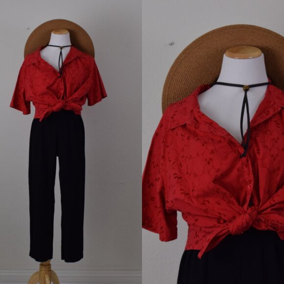 Vintage 90s Cotton Eyelet Faded Red Blouse - Picture 1 of 9